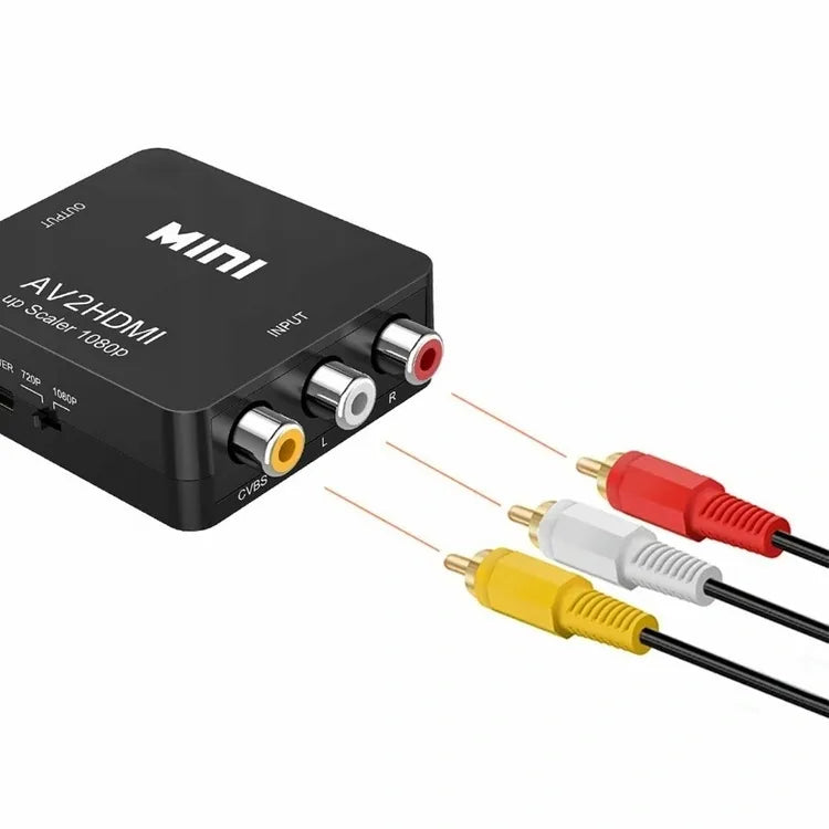 AV į HDMI signalo keitiklis 1080p adapteris, rodomas vaizdas su jungtimis ir įrenginiu.