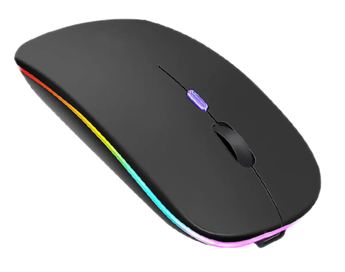 Belaidė pelė su RGB LED apšvietimu, patogi naudoti kompiuteryje, juoda, su lankstaus dizaino ir optiniu jutikliu.