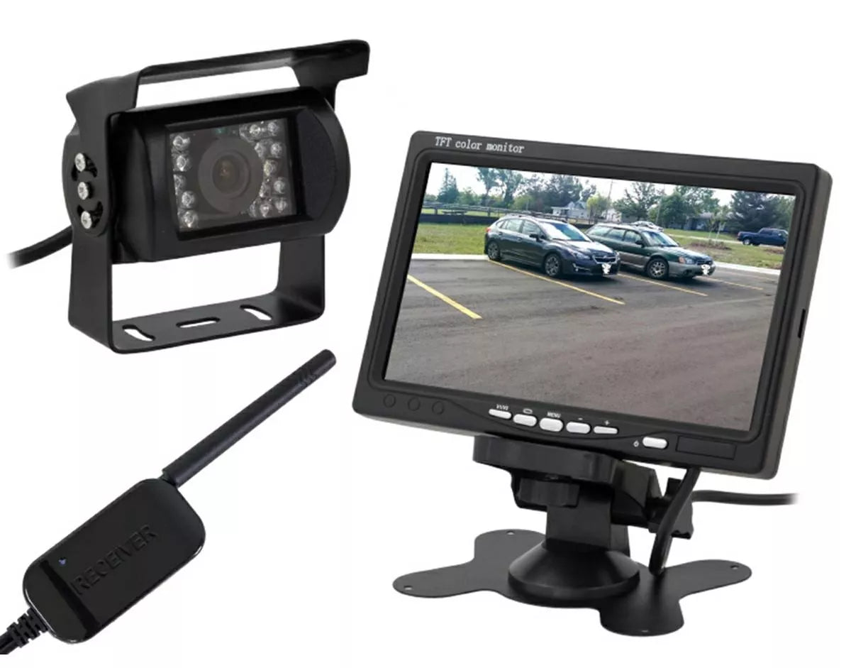 Bevielė automobilio galinio vaizdo kamera su 7 colių LCD monitoriumi, skirta saugiam vaizdo stebėjimui automobilyje.