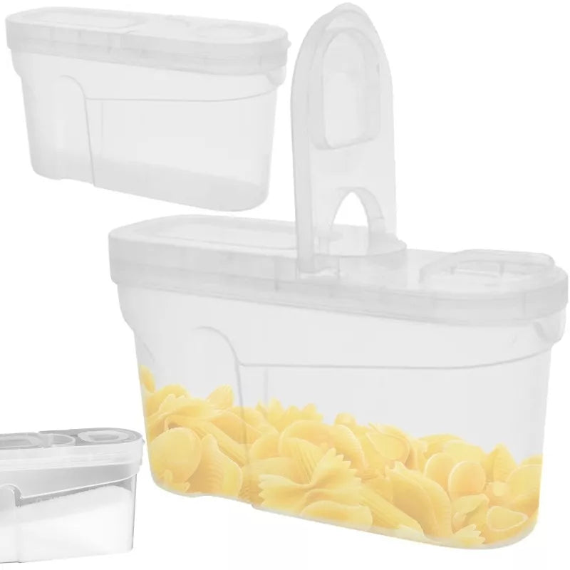 Birių produktų indas su 1,3L talpa, plastikinis, skaidrus, su dangčiu, tinkamas laikyti miltus, cukrų ar grūdus.
