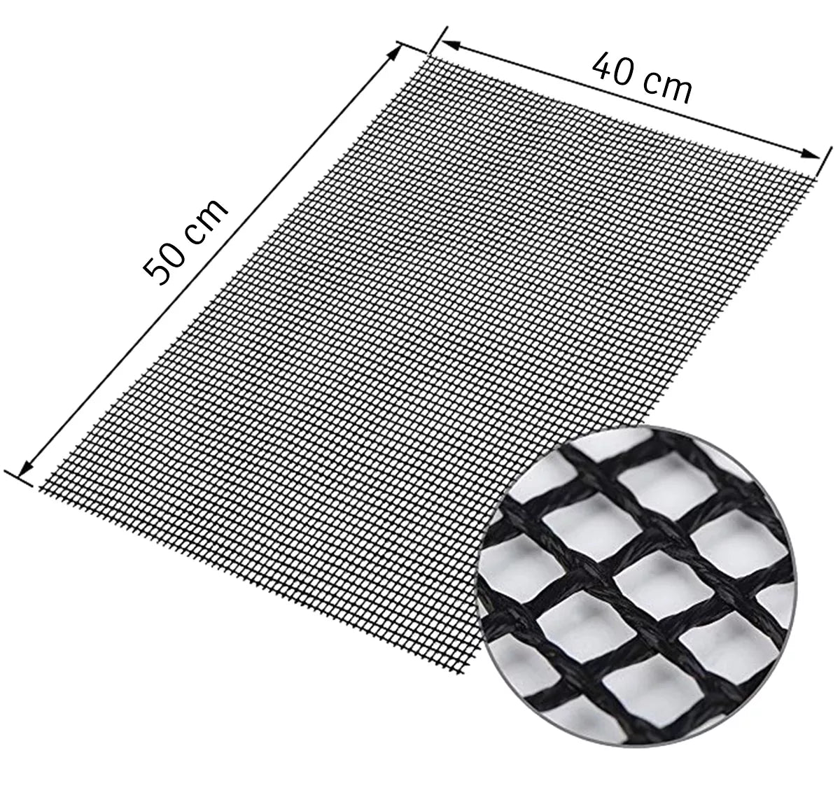 Daugkartinis tefloninis kepsninių kilimėlis su skylutėmis, matmenys 40x50 cm, pagamintas iš non-stick teflono medžiagos.