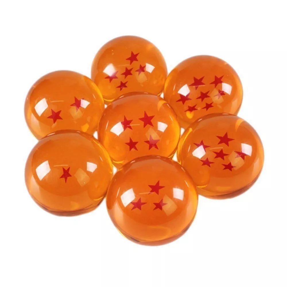Dragon Ball drakono rutulių rinkinys su dėžute, spalvingi ir detalūs žaislai, populiarūs anime personažų kolekcijai.
