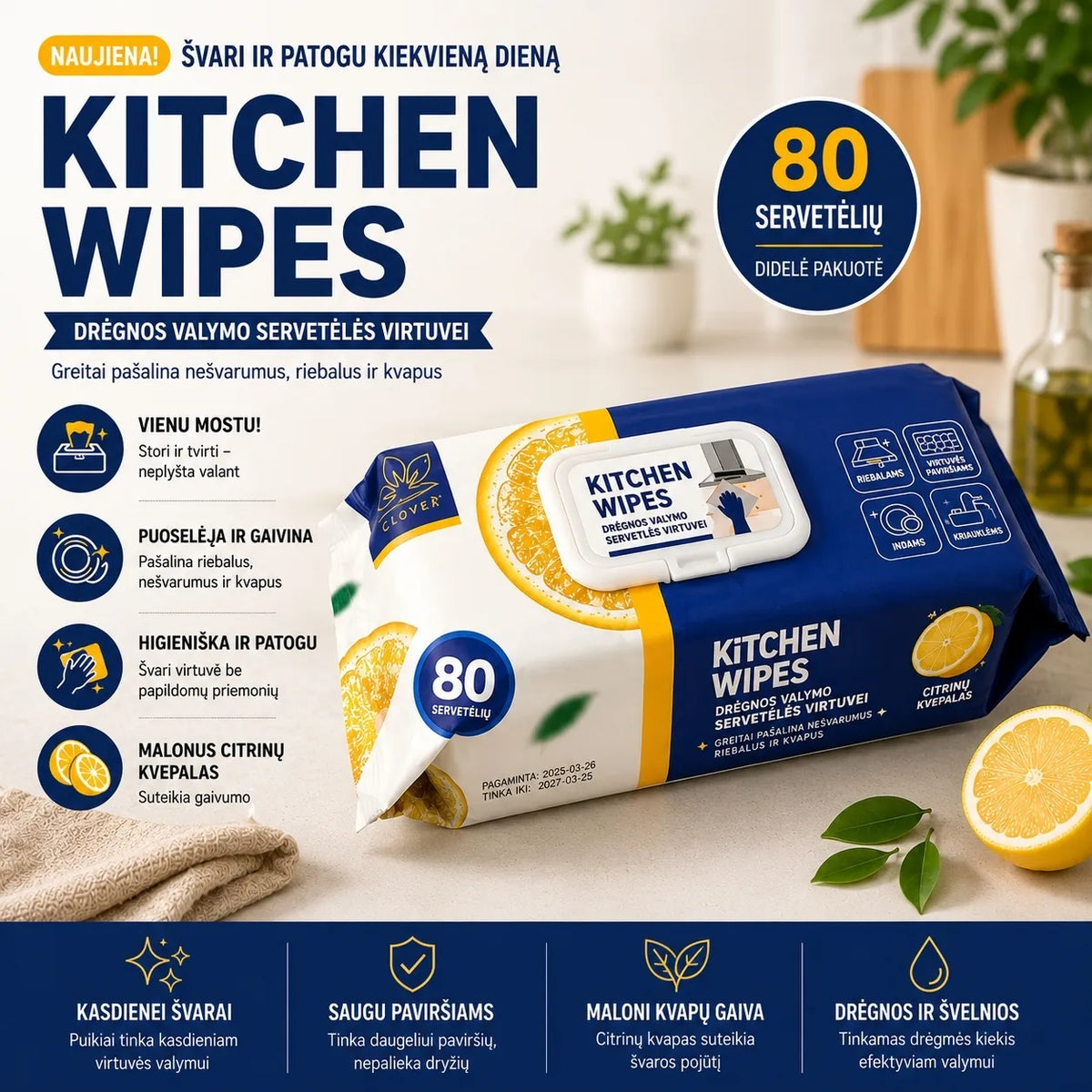 Drėgnos virtuvės servetėlės Kitchen Wipes, 80 vnt., švariai valo paviršius ir pašalina dėmes.