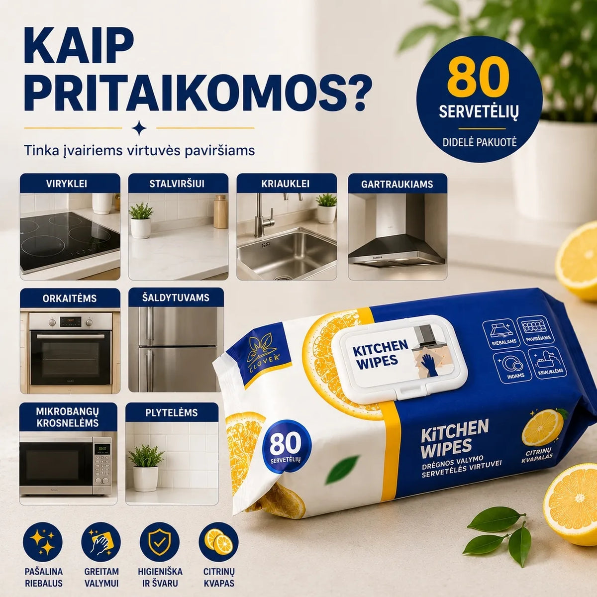 Drėgnos virtuvės valymo servetėlės Kitchen Wipes, 80 vnt., minkštos ir efektyvios valyti paviršius virtuvėje.