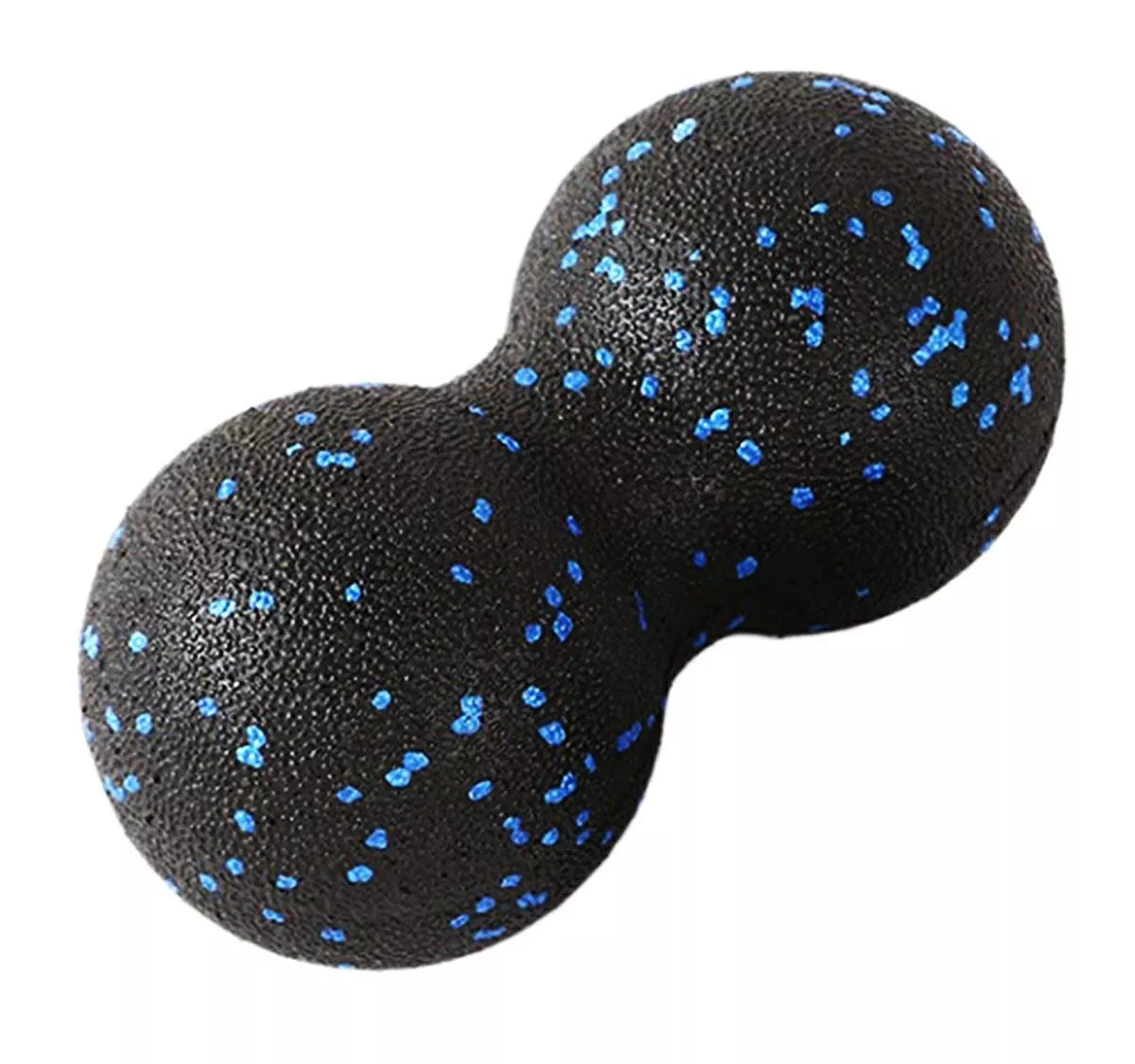 Dvigubas masažinis kamuolys raumenų atpalaidavimui ir regeneracijai, juodas, su tekstūros paviršiumi.