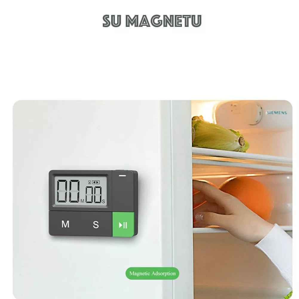 Elektroninis laikmatis su skaitmeniniu ekranas ir valdymo mygtukais, skirtas laikui ir trukmei matuoti.