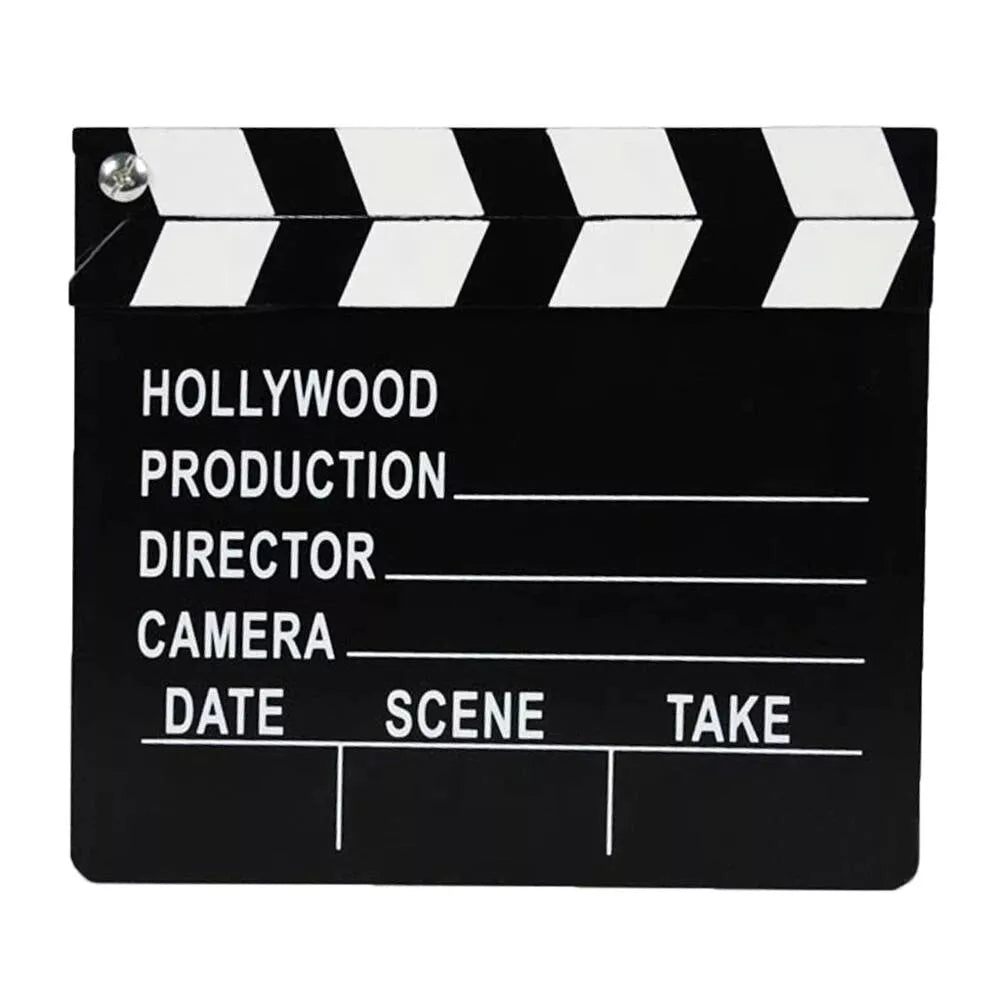 Filmavimo pliauskė Movie Clap Hollywood, balta plastikinė pliauskė, naudojama filmavimui ir filmavimo įrašams.