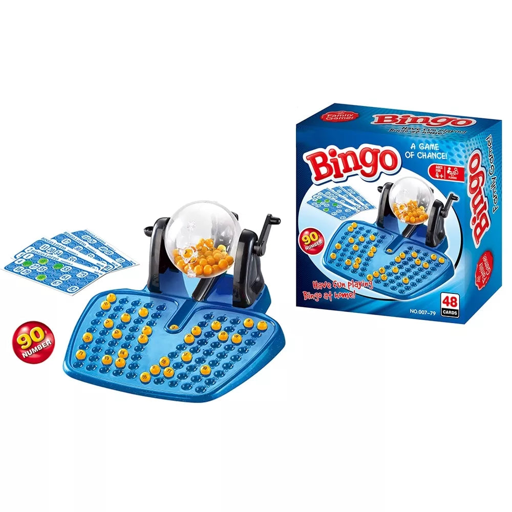 Klasikinis Bingo stalo žaidimas su kamuoliukų būgnu, spalvingas ir patogus žaidimo komplektas šeimos pramogoms.
