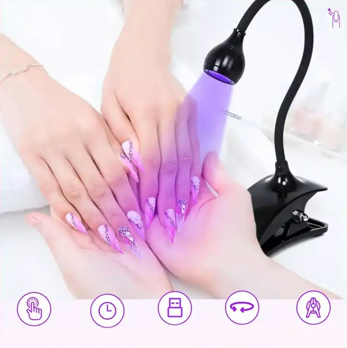 Kompaktiška lanksti 3W UV LED lempa manikiūrui su USB jungtimi, skirta greitam ir efektyviam nagų džiovinimui.