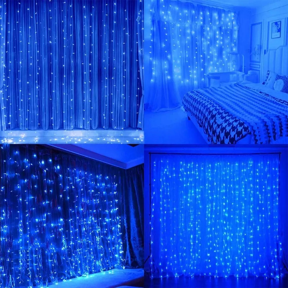 Mėlyna LED USB užuolaida girlianda, 3x3 m, šviečianti apšvietimo dekoracija namams ar šventėms.