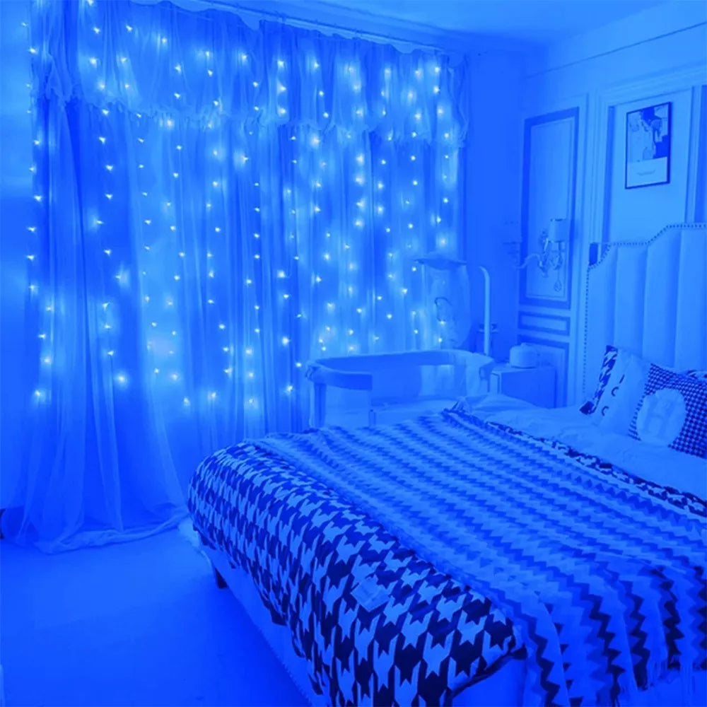 Mėlyna LED USB užuolaida girlianda, 3x3 m, šviečianti apšvietimo dekoro elementas namams ar renginiams.