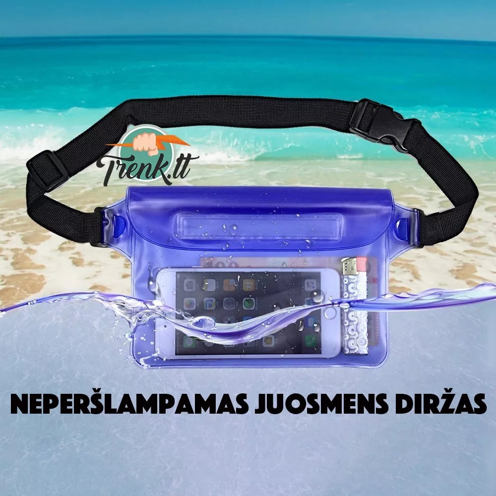 Violetinis neperšlampamas dėklas su diržu, atsparus vandeniui, skirtas saugiai laikyti ir nešioti daiktus.