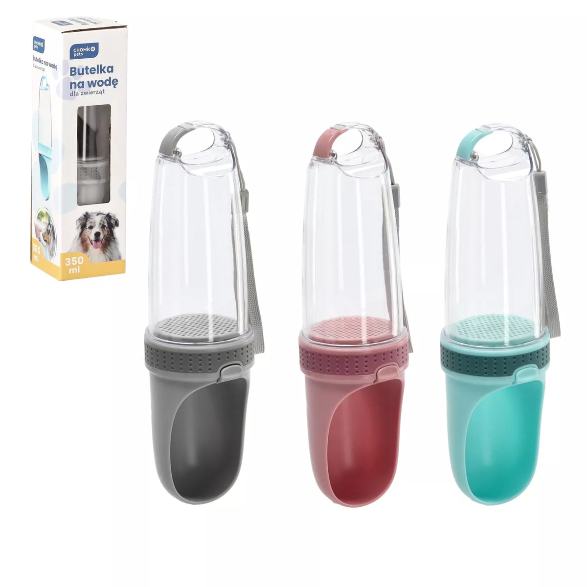 Nešiojamas vandens buteliukas–girdykla šuniui 350 ml