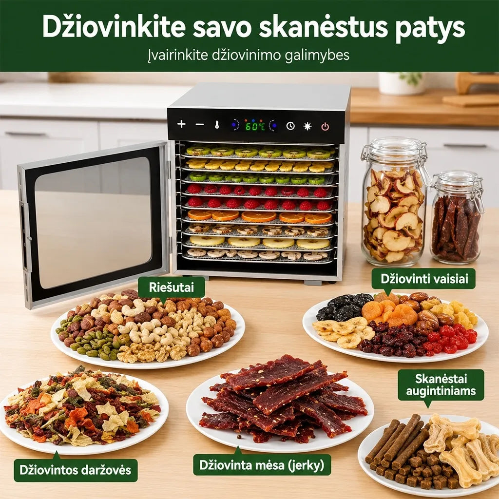Profesionali vaisių ir maisto džiovyklė 600 W, 10 padėklų, nerūdijančio plieno, skirta sveikų užkandžių ruošimui.