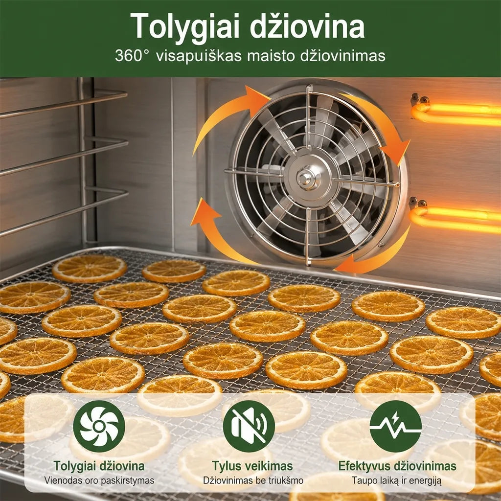 Profesionali vaisių ir maisto džiovyklė 600 W, 10 padėklų, nerūdijančio plieno, tinkama namų ar profesionaliam naudojimui.