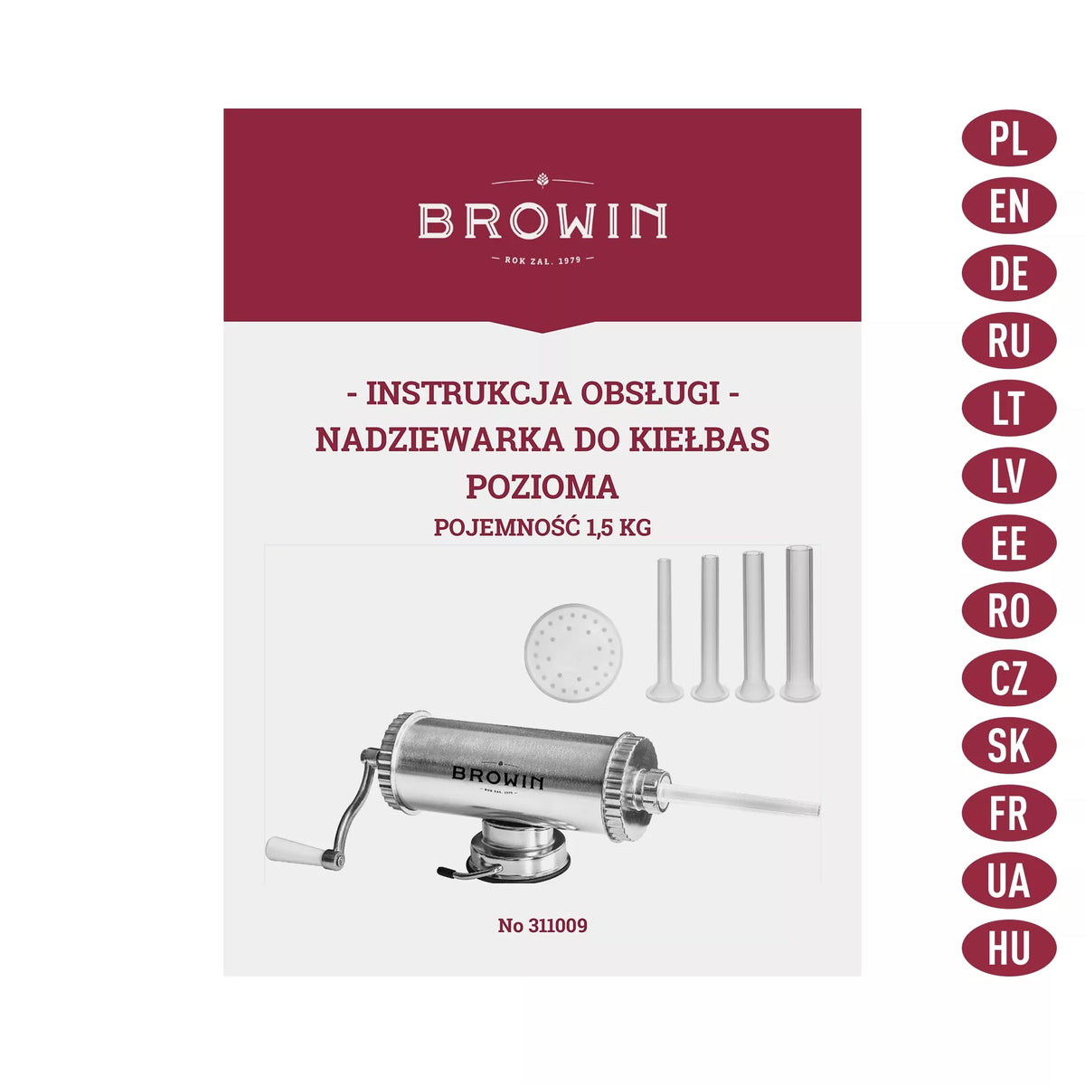 Rankinis horizontalus dešrų kimštuvas, 1,5 kg, pagamintas iš plastiko, skirtas dešrų ir mėsos įdaru įpakavimui.