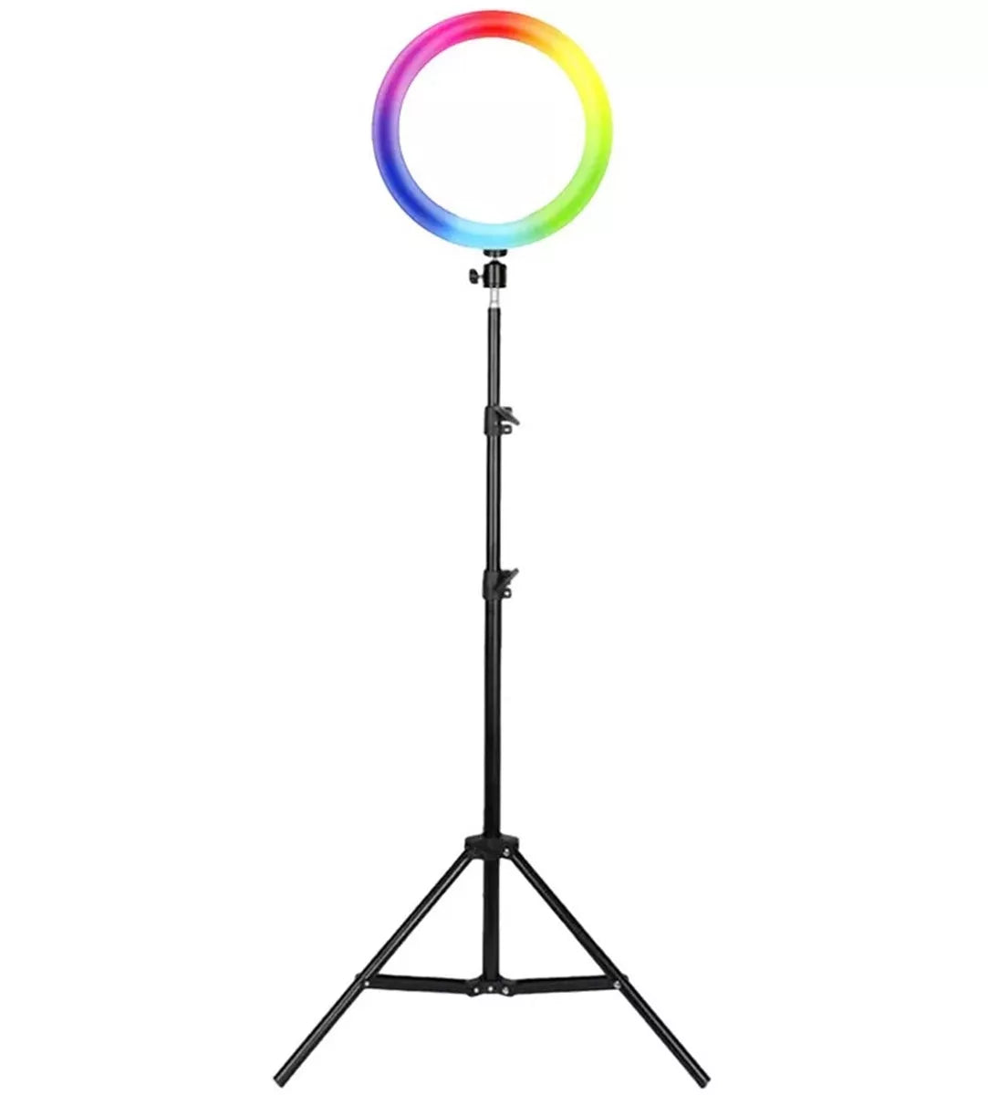 RGB LED žiedinė lempa su 210 cm trikoju, šviesi ir reguliuojama, skirta nuotraukoms ir vaizdo įrašams apšviesti.