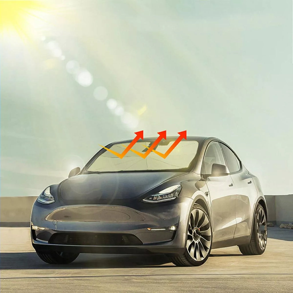 Automobilio saulės skėtis, apsaugantis nuo saulės spindulių, su tvirtinimo mechanizmu ir tamsiu audiniu.