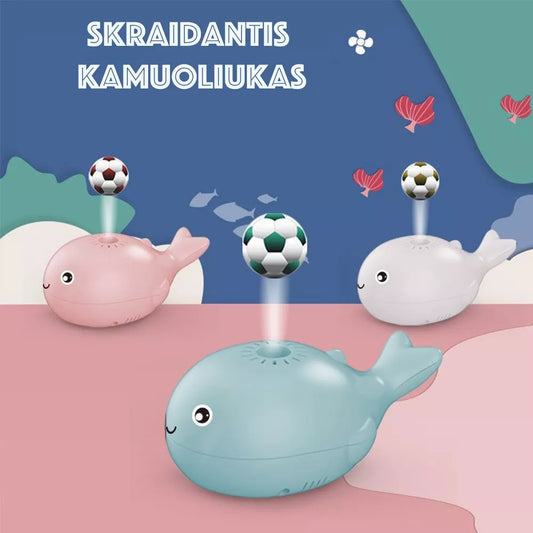 Baltas skraidantis kamuoliukas "Banginis" su spalvingomis detalėmis, skirtas vaikams žaidimams ir aktyviam laisvalaikiui.