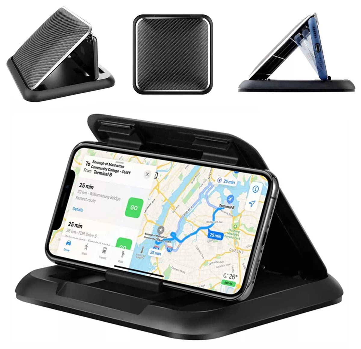 Universalus automobilinis telefono laikiklis, tvirtinamas prie prietaisų skydelio ar stiklo, patogus ir stabilus naudoti automobilyje
