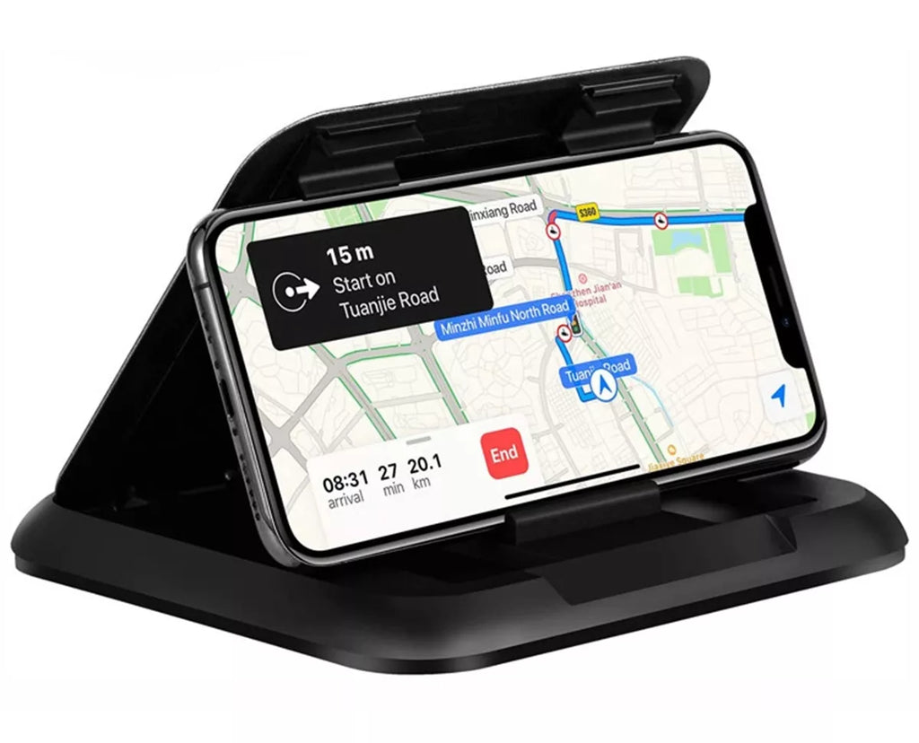 Universalus telefono laikiklis automobilyje, tvirtinamas prie prietaisų skydelio, su reguliuojamu laikikliu ir patogiam naudojimui.