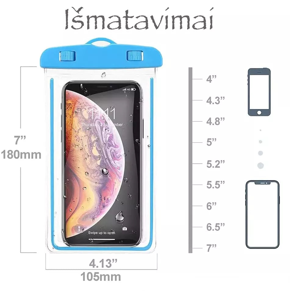 Vandeniui atsparus universalus telefonų dėklas iki 7 colių, apsaugo nuo vandens ir smūgių, aiškiai matomas dėklo dizainas.