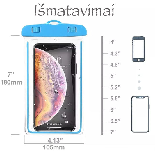 Vandeniui atsparus universalus telefonų dėklas iki 7 colių, apsaugo nuo vandens ir smūgių, aiškiai matomas dėklo dizainas.