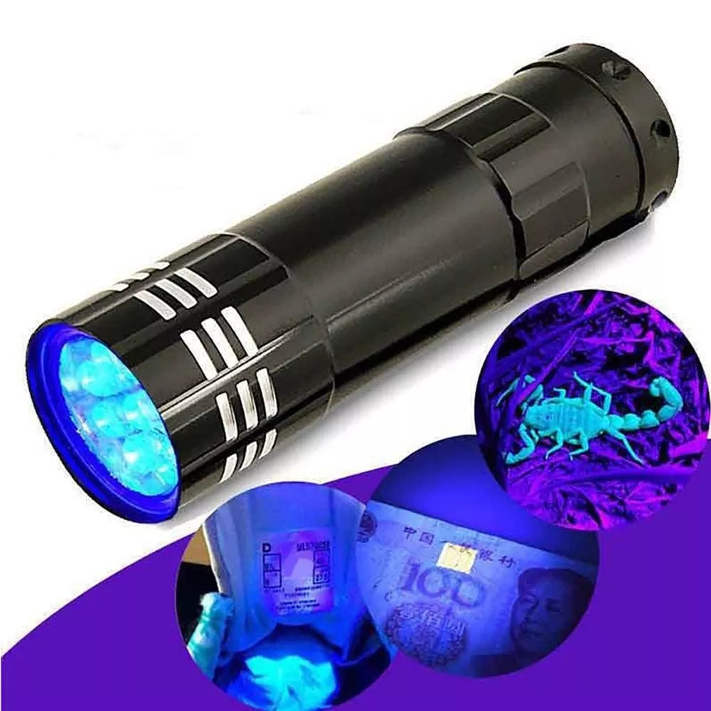 UV spindulių prožektorius su 9 LED diodais, ultravioletinė šviesa, naudojama patikrai ir specialiems tikslams.