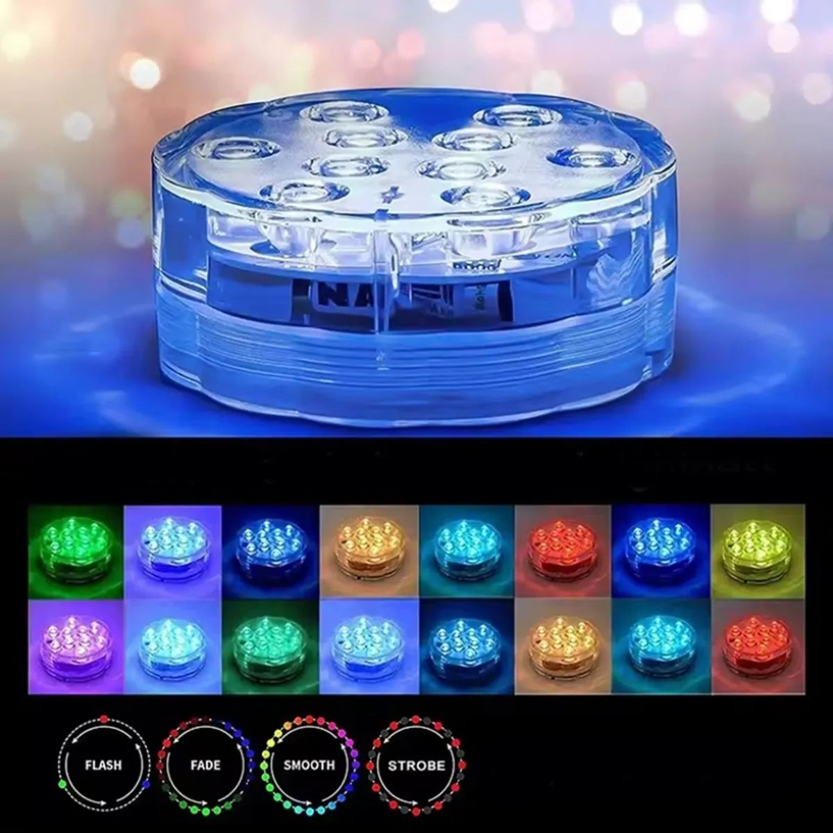 Vandeniui atspari RGB LED lempa baseinui su nuotolinio valdymo pultu, šviečia ryškiomis spalvomis ir tinka baseino apšvietimui.