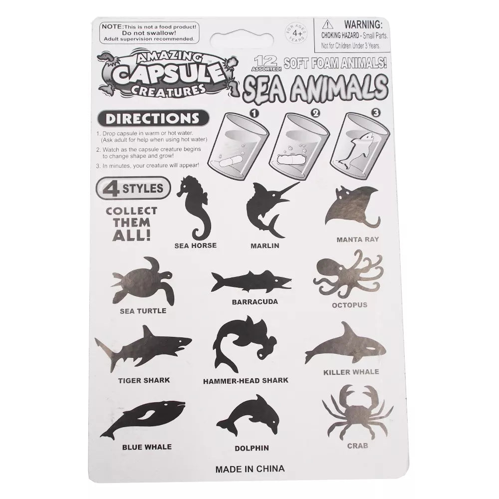 Vandenyje auginamos kapsulės „Sea Animals“ su jūros gyvūnais, gilios mėlynos spalvos, natūralaus dizaino.