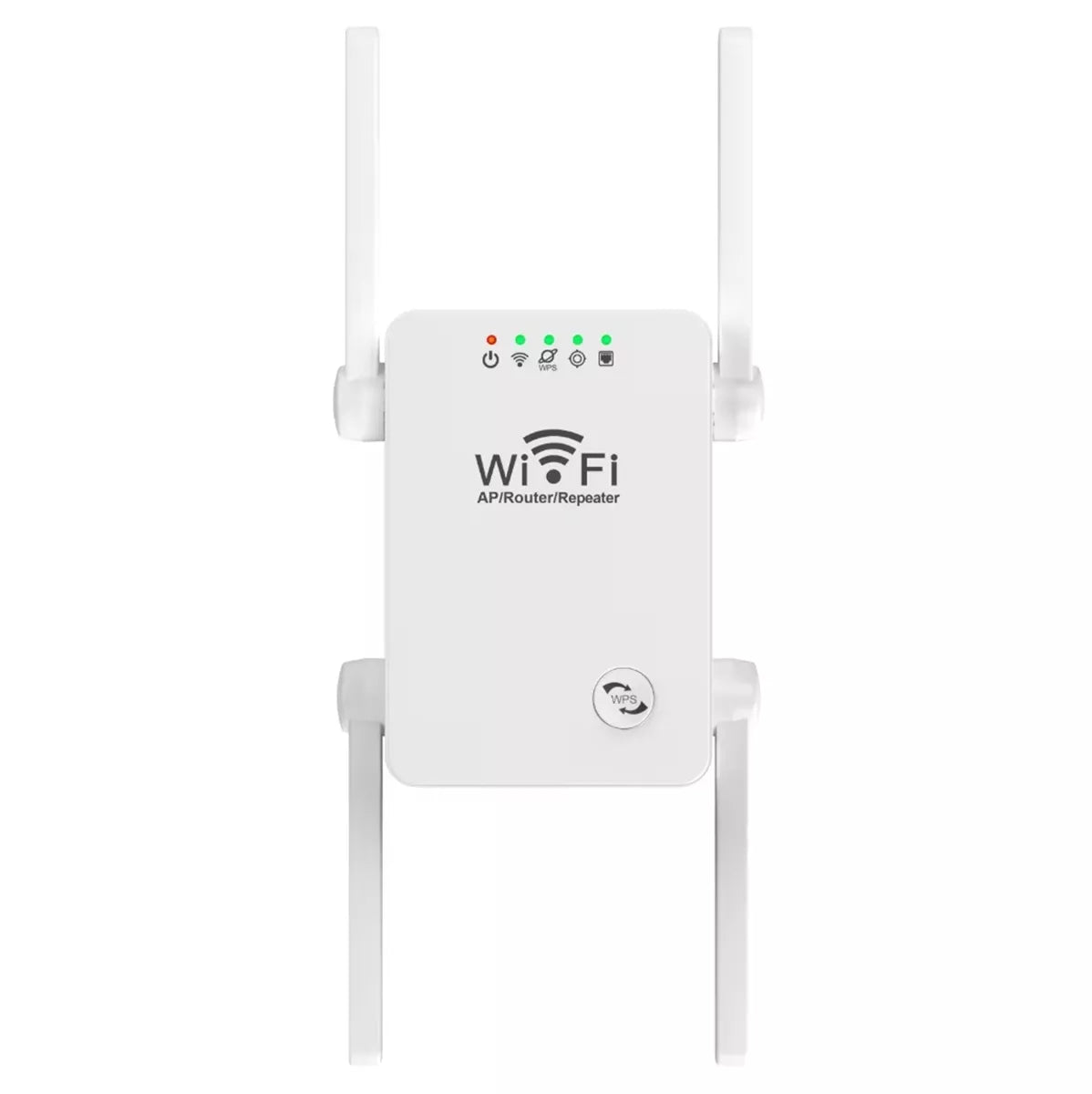 WiFi signalo stiprintuvas 300 Mbps su 4 antenomis, rodomas įrenginys su antenomis ir valdymo mygtukais.