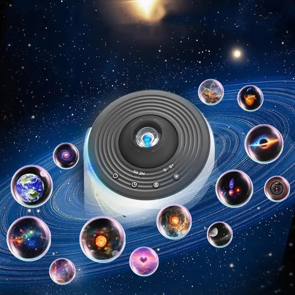Namų planetariumo projektorius su 13 diskų, rodo žvaigždžių ir kosmoso vaizdus namų naudojimui.