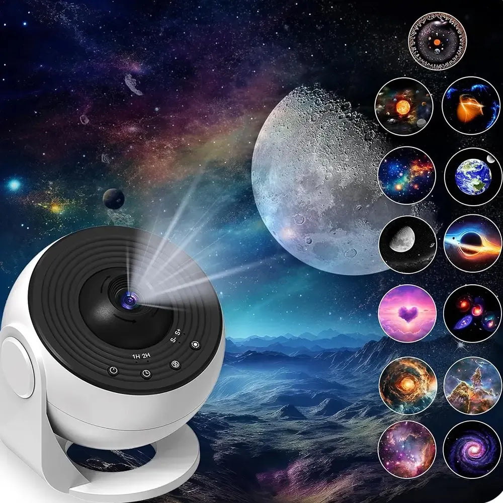 Namų planetariumo projektorius su 13 diskų, rodo žvaigždžių ir dangaus modelius, tinka edukacijai ir pramogai.