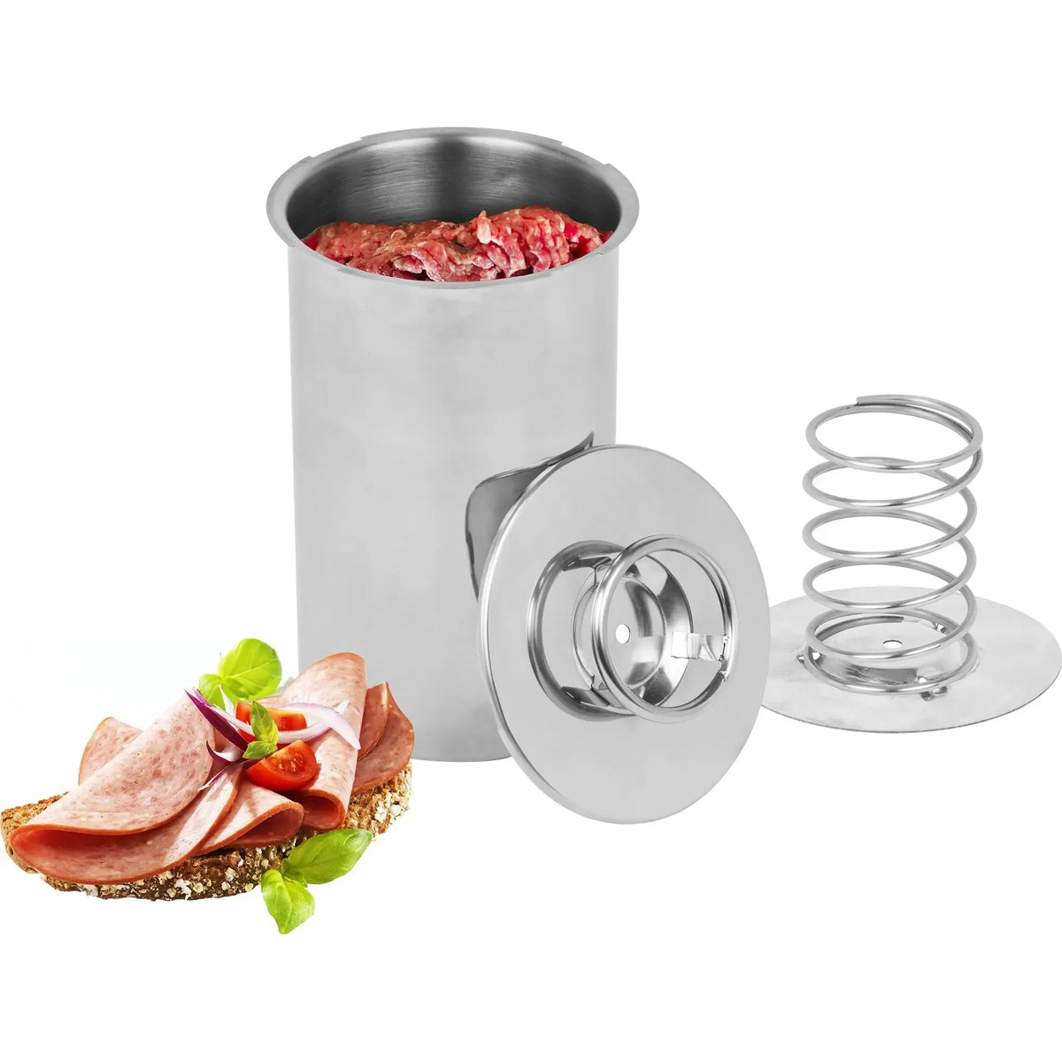 Nerūdijančio plieno kumpio viryklė iki 1,5 kg, tinkama mėsos gamybai, su patvariu konstrukcija ir patogiu naudoti dizainu.