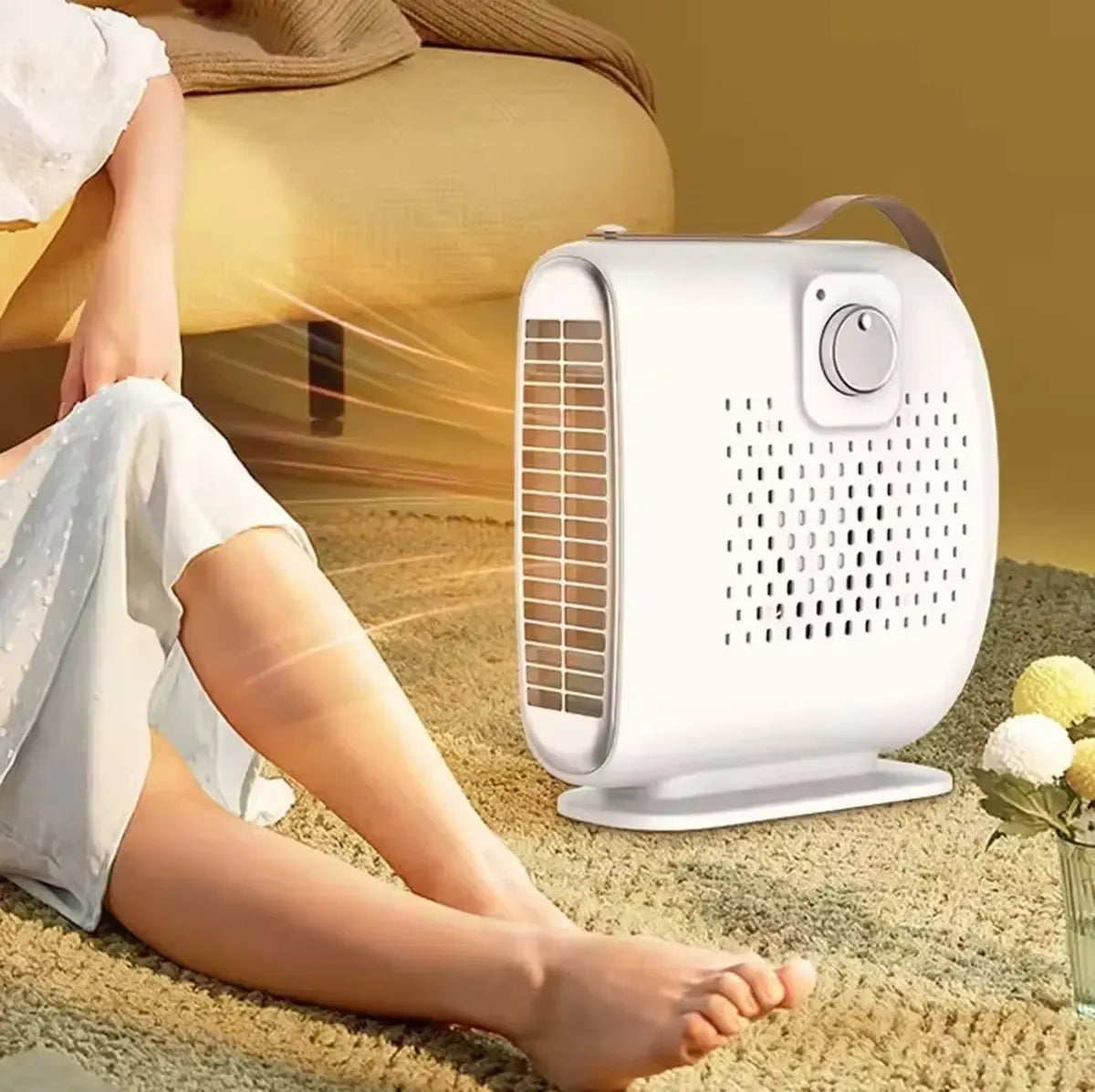 Nešiojamas 500W ventiliatorius su reguliuojamu greičiu ir rankena, tinkamas naudoti namuose ar biure.