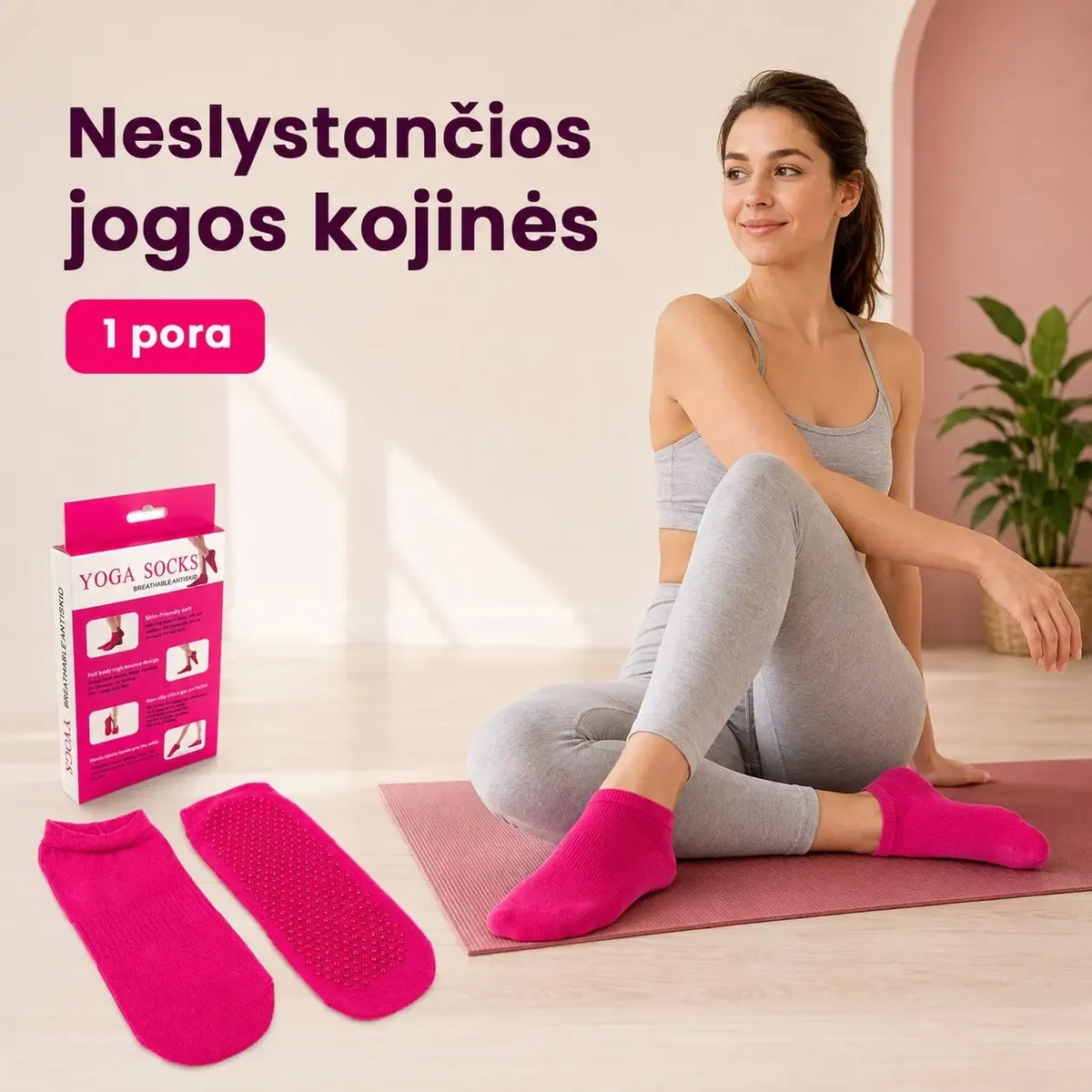 Neslystančios jogos kojinės, 1 pora, minkštos ir lankstios, tinkamos sportui ir kasdieniam dėvėjimui.