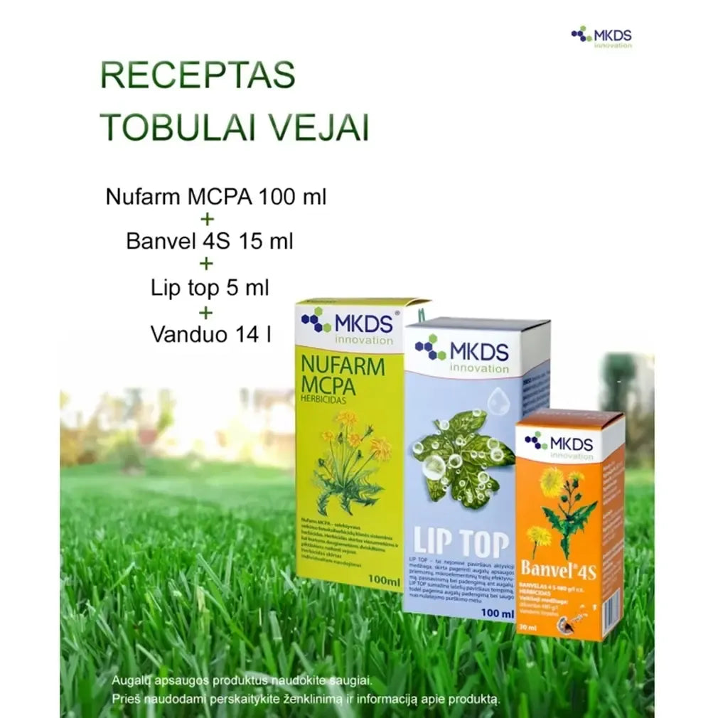 Selektyvus herbicidas Nufarm MCPA, 50 ml, pries piktžoles, skaidrus skystis su matiniu buteliu ir etikete.