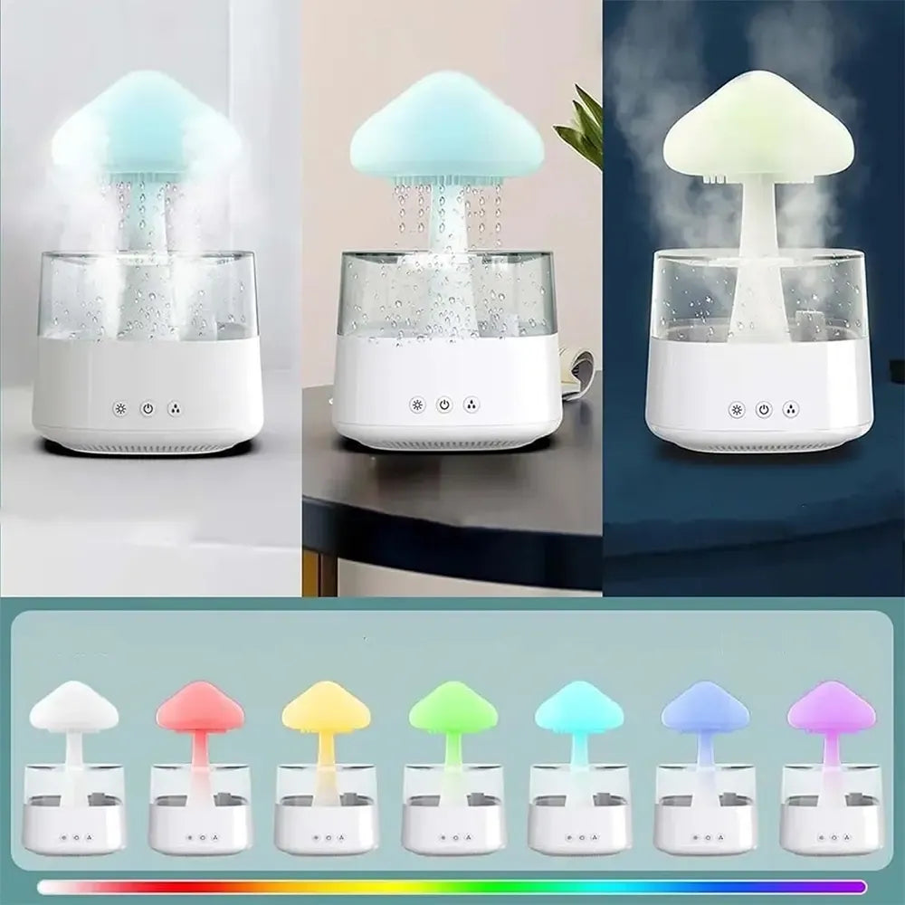 Išmanusis oro drėkintuvas „Rain Cloud“ su LED apšvietimu ir belaide kolonėle, rodomas šviesos ir drėkinimo funkcijos vaizdas