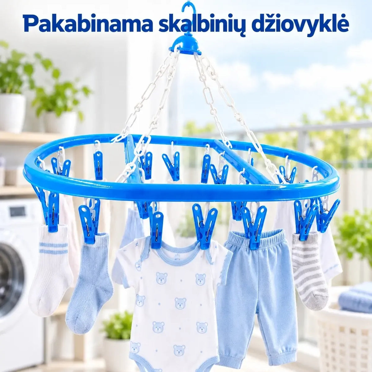 Pakabinama džiovyklė smulkiems skalbiniams su segtukais, tinkama patalpoms, metalinė konstrukcija ir plastikinių segtukų rinkinys