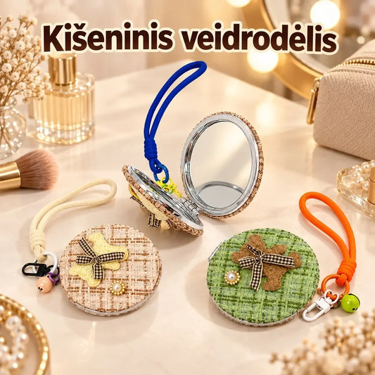 Pakabinamas kišeninis veidrodėlis su pliušiniu meškiuku, mažas ir patogus kelionėms, sidabrinė apdaila, vaikų aksesuaras.
