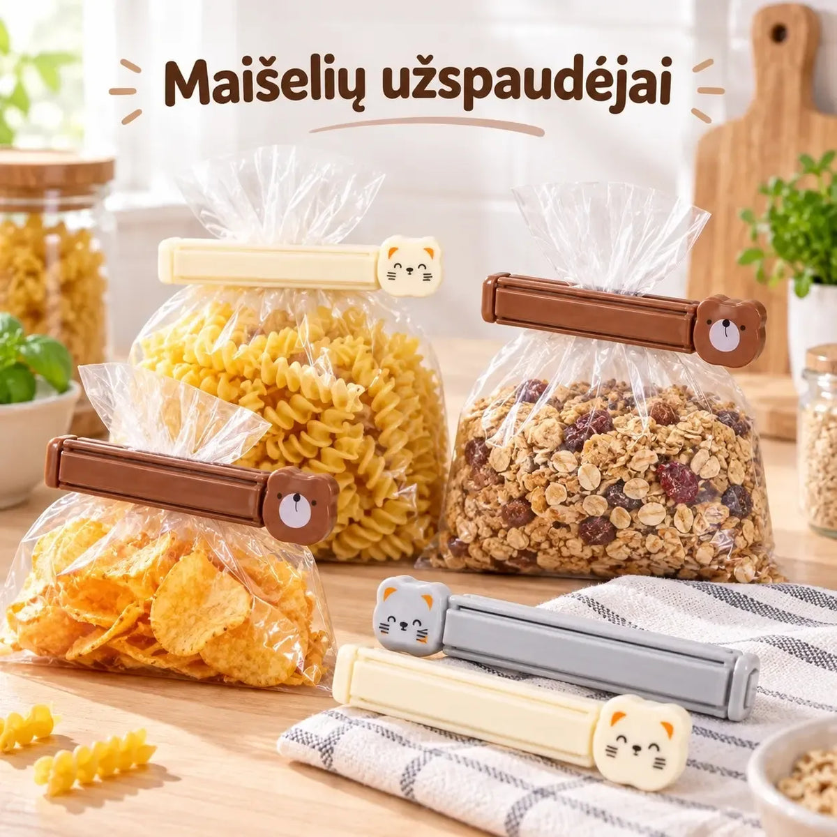 Maisto pakuočių spaustukai rinkinys, 5 vnt., plastikiniai spaustukai maisto įpakavimui, patvarūs ir lankstūs.