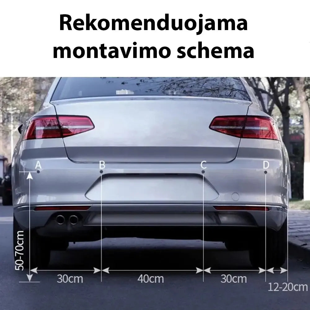 Automobilio parkavimo sistema su 4 davikliais ir LED ekranu, padedanti lengvai ir tiksliai parkruotis.