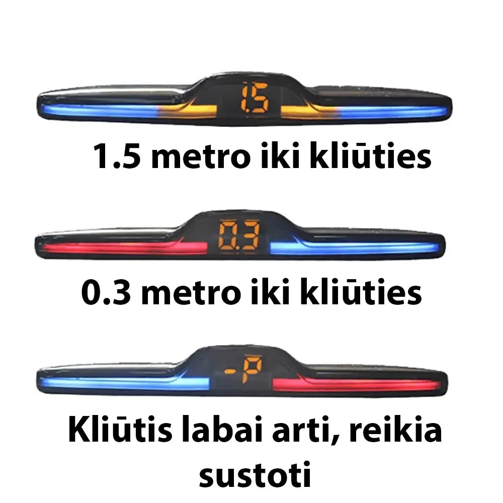 Automobilio parkavimo sistema su 4 davikliais ir LED ekranu, rodo atstumus ir padėtį automobilyje.