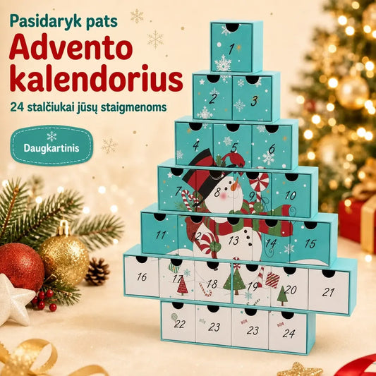Pasidaryk pats advento kalendorius su 24 stalčiukais ir sniego senio figūra, rankų darbo kūrybinis advento dekoras.