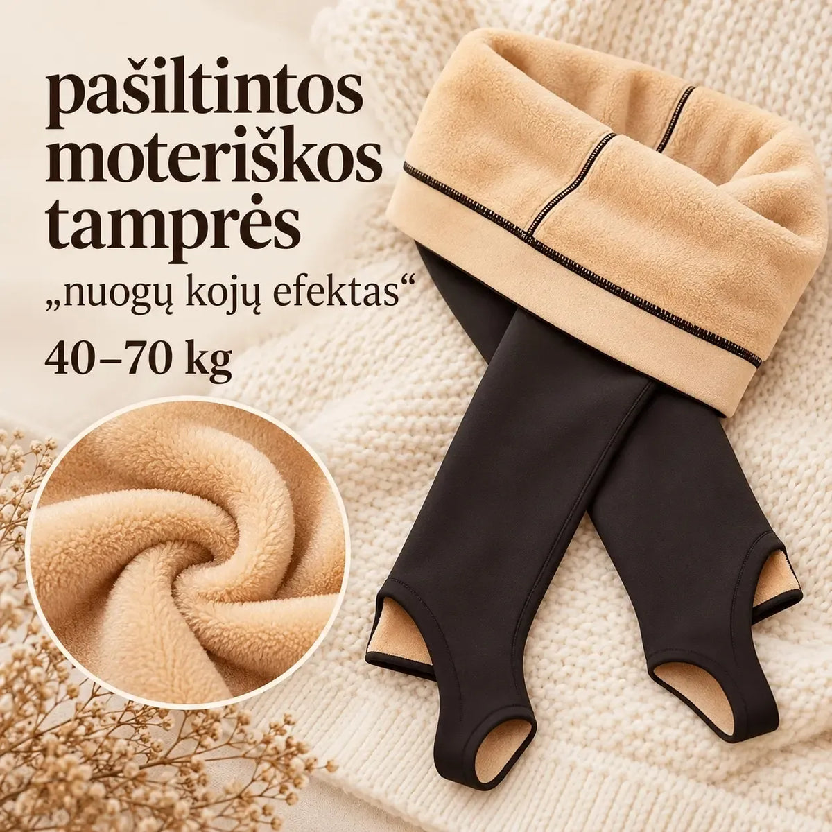 Šilkinės moteriškos tamprės „Nuogų kojų efektas“, šiltos, sklandžiai dengia odą, tinka svorio 40–70 kg, patogios dėvėti.