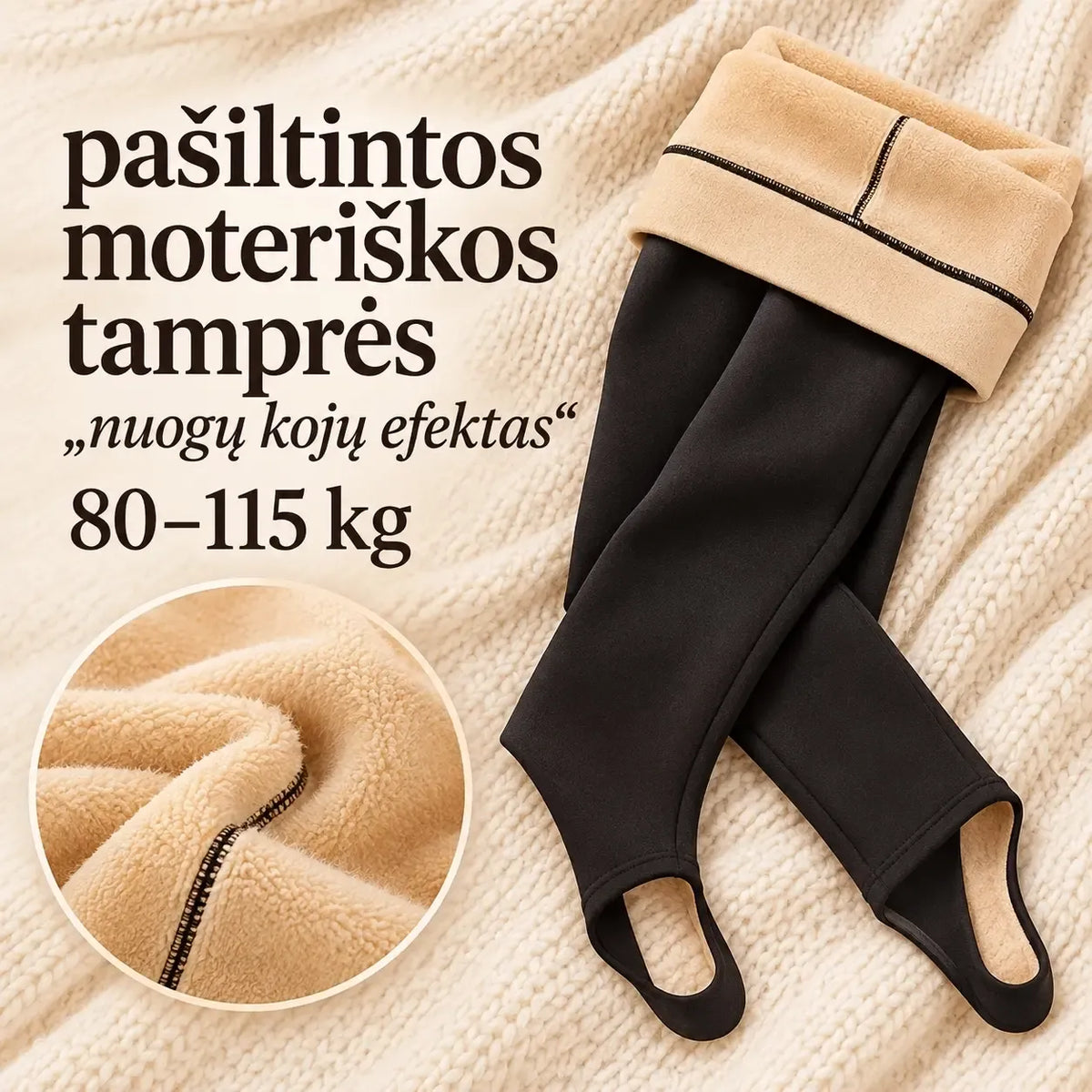 Pašiltintos moteriškos tamprės „Nuogų kojų efektas“, skirtos 80–115 kg, matomos šiltos ir tamprios, patogiai priglunda.