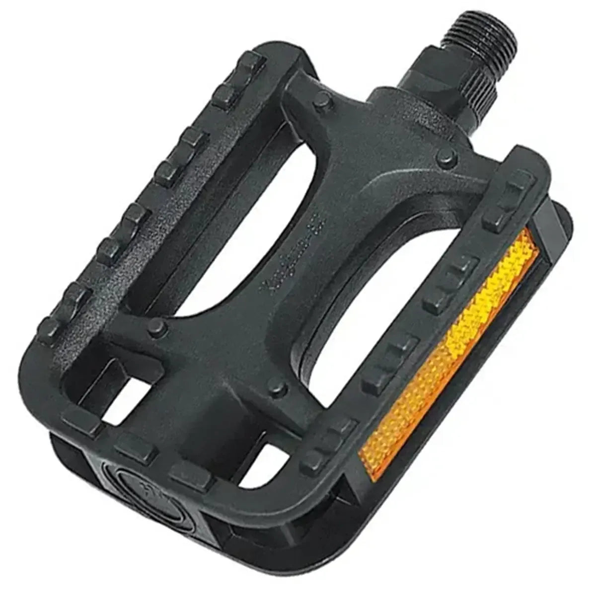 Standartinių dviračio pedalų rinkinys su dviem pedalais, juodos spalvos, su platformomis ir tvirtinimo detalėmis.