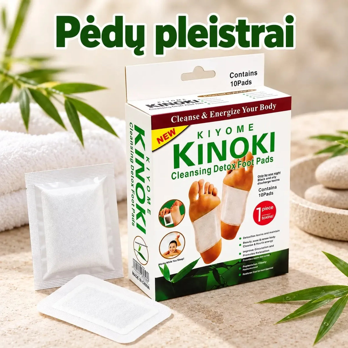 Pėdų pleistrai su aukso folija Kinori, 10 vnt, matomas dėklas ir pleistrai su aukso lapeliais ant pėdų odos.