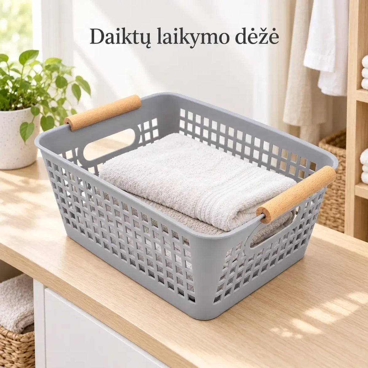 Plastikinis daiktų laikymo krepšys su rankenomis, tinka namų ir sandėliavimo reikmėms, patvarus ir lengvai nešiojamas.