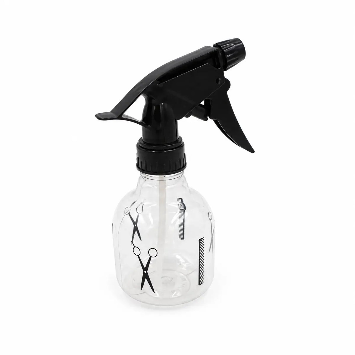Plastikinis purškiamas buteliukas 100 ml, skaidrus, su juostele, tinkamas skystiems ar kosmetikos produktams.